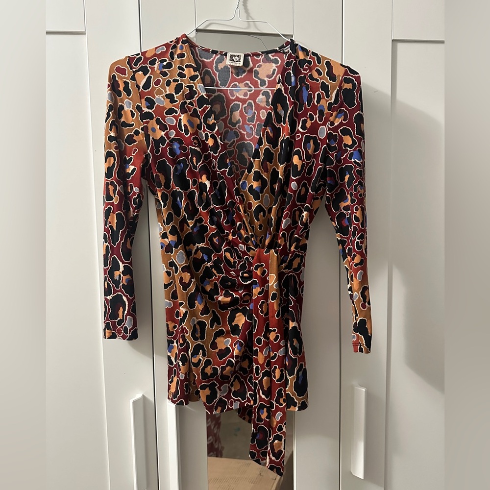 Anne Klein Top Shirt Blouse Small Long Sleeve Wrap Print Brown Blue Beige Black